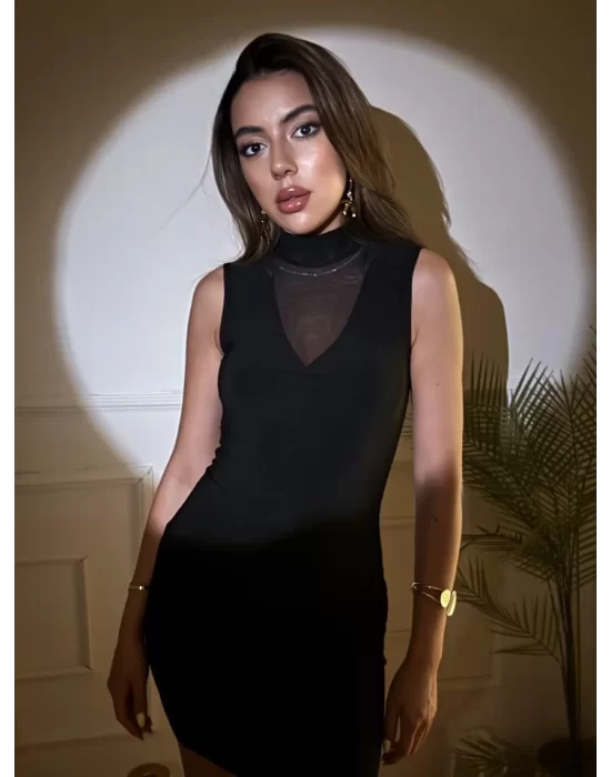 Kadın Balıkçı Yaka Tül Detay Kolsuz Mini Elbise