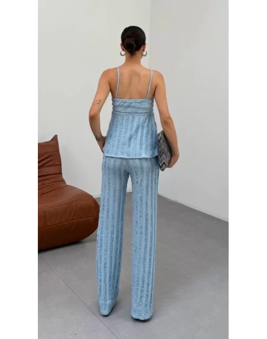 Kadın Bebe Mavisi Dokulu Askılı Üst Ve Bol Paça Pantolon 2’li Takım