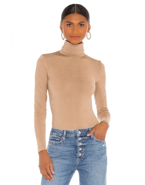 Kadın Bej Balıkçı Yaka Ipek Jarse Bodysuit