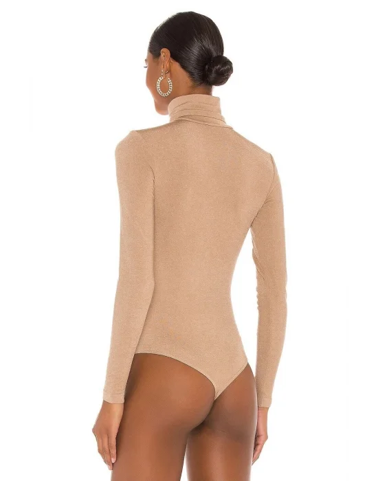 Kadın Bej Balıkçı Yaka Ipek Jarse Bodysuit