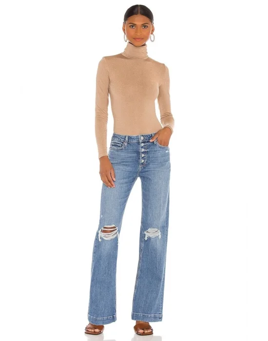 Kadın Bej Balıkçı Yaka Ipek Jarse Bodysuit