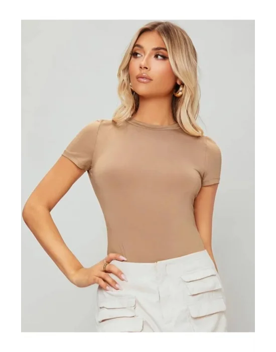 Kadın Bej Kısa Kol Ipek Jarse Bodysuit