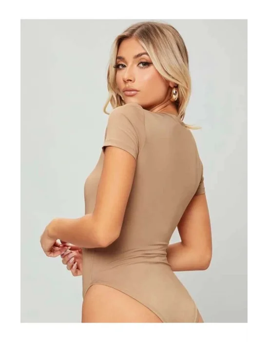 Kadın Bej Kısa Kol Ipek Jarse Bodysuit
