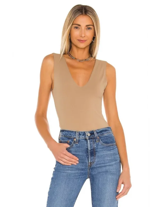 Kadın Bej Sıfır Kol Çift Kat İpek Jarse Bodysuit