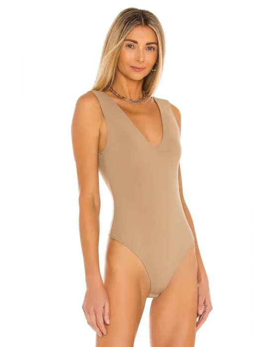 Kadın Bej Sıfır Kol Çift Kat İpek Jarse Bodysuit