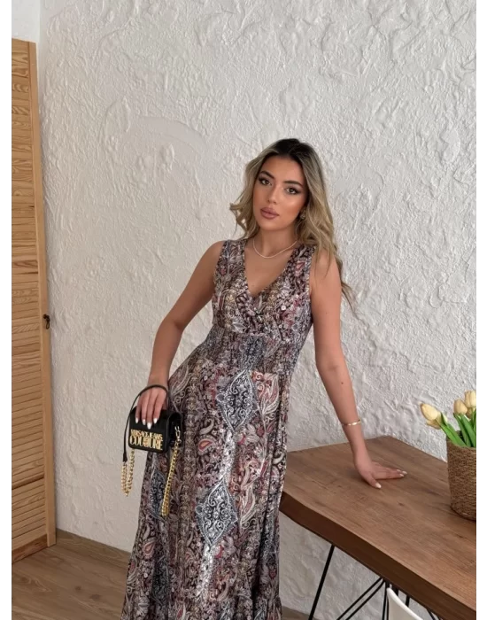 Kadın Beli Gipeli Etnik Desen Sıfır Kol Süprem Elbise
