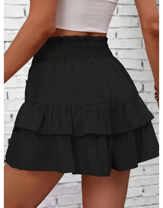 Kadın Beli Lastikli Eteği Fırfırlı Mini Etek