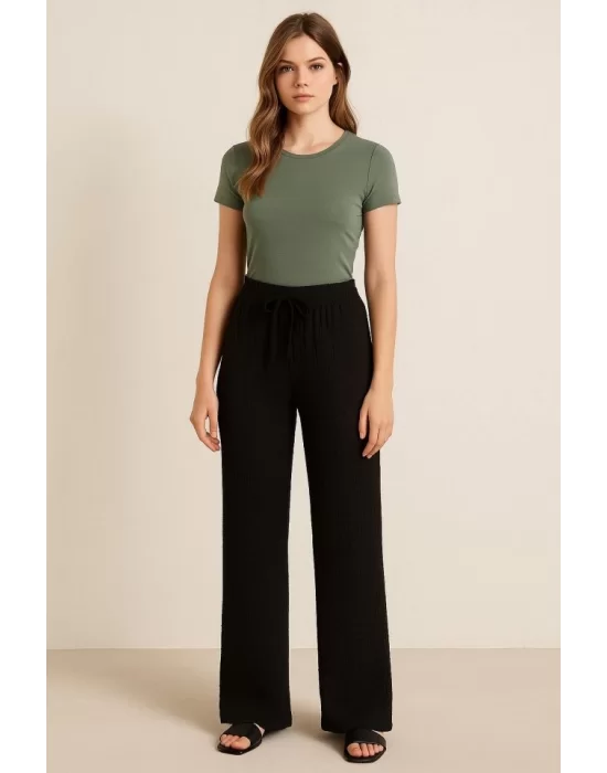 Kadın Beli Lastikli Pol Paça Pantolon