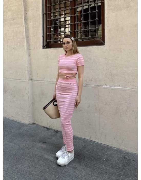 Kadın Bisiklet Yaka Bağcık Detay Crop Ve Yüksek Bel çizgi Desen Etek Ikili Takım