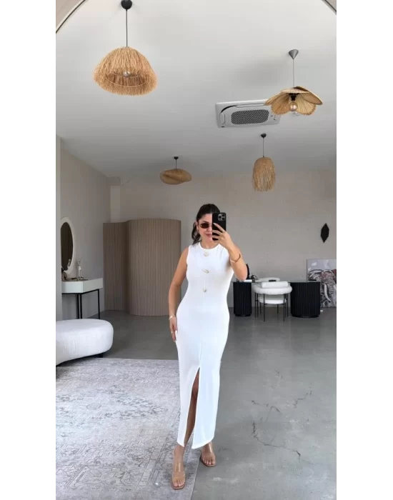 Kadın Bisiklet Yaka Broş Detay Yırtmaçlı Maxi Boy Ottoman Elbise