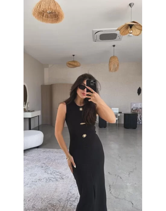 Kadın Bisiklet Yaka Broş Detay Yırtmaçlı Maxi Boy Ottoman Elbise