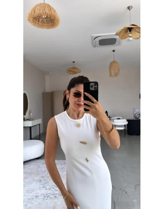 Kadın Bisiklet Yaka Broş Detay Yırtmaçlı Maxi Boy Ottoman Elbise