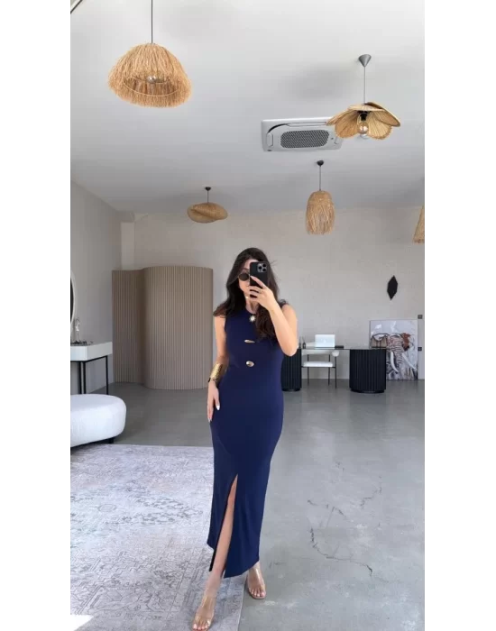 Kadın Bisiklet Yaka Broş Detay Yırtmaçlı Maxi Boy Ottoman Elbise