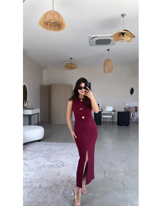 Kadın Bisiklet Yaka Broş Detay Yırtmaçlı Maxi Boy Ottoman Elbise