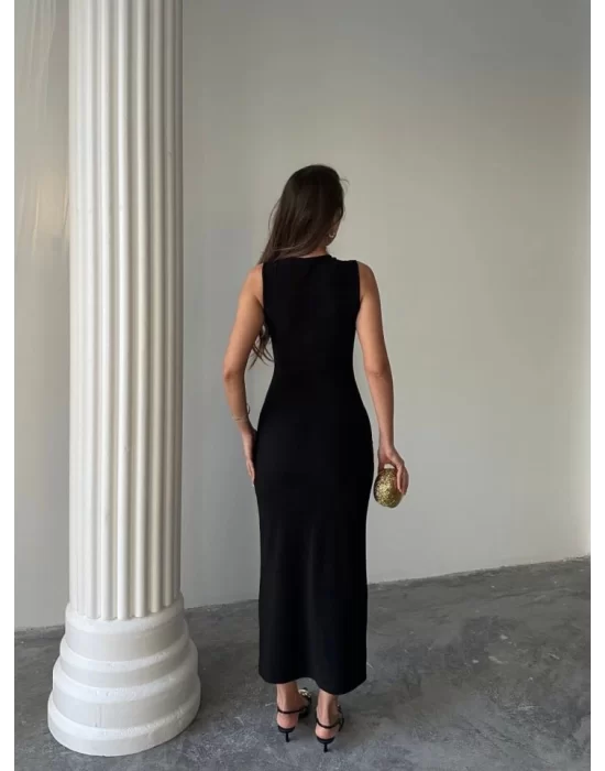 Kadın Bisiklet Yaka Broş Detay Yırtmaçlı Maxi Boy Ottoman Elbise