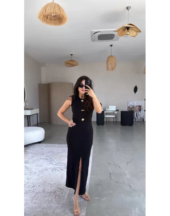 Kadın Bisiklet Yaka Broş Detay Yırtmaçlı Maxi Boy Ottoman Elbise