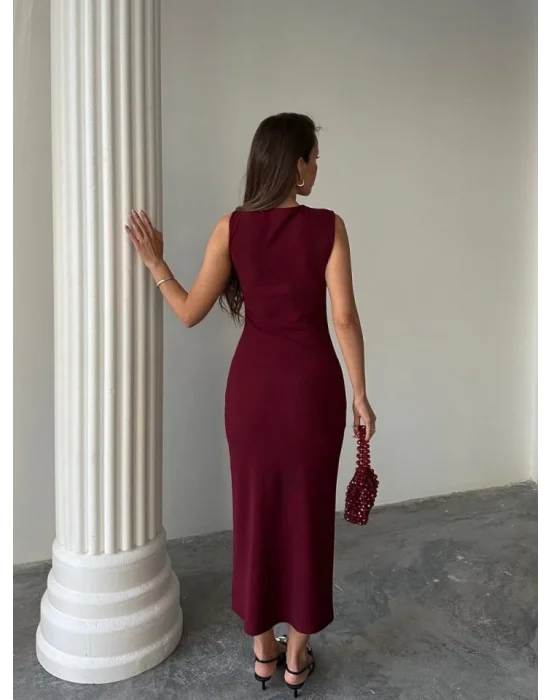 Kadın Bisiklet Yaka Broş Detay Yırtmaçlı Maxi Boy Ottoman Elbise