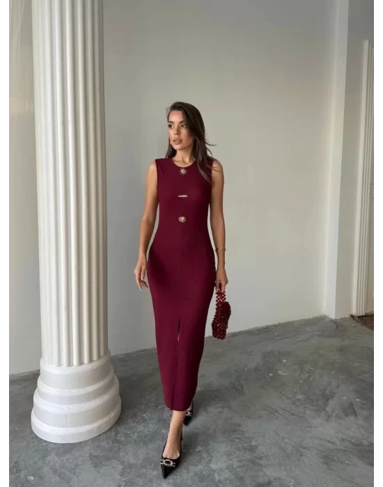 Kadın Bisiklet Yaka Broş Detay Yırtmaçlı Maxi Boy Ottoman Elbise