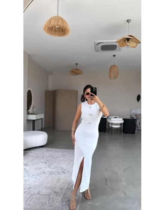 Kadın Bisiklet Yaka Broş Detay Yırtmaçlı Maxi Boy Ottoman Elbise