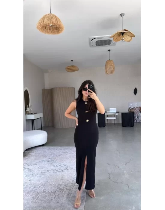 Kadın Bisiklet Yaka Broş Detay Yırtmaçlı Maxi Boy Ottoman Elbise