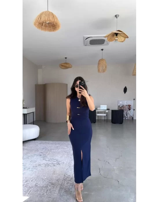 Kadın Bisiklet Yaka Broş Detay Yırtmaçlı Maxi Boy Ottoman Elbise