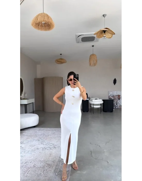 Kadın Bisiklet Yaka Broş Detay Yırtmaçlı Maxi Boy Ottoman Elbise