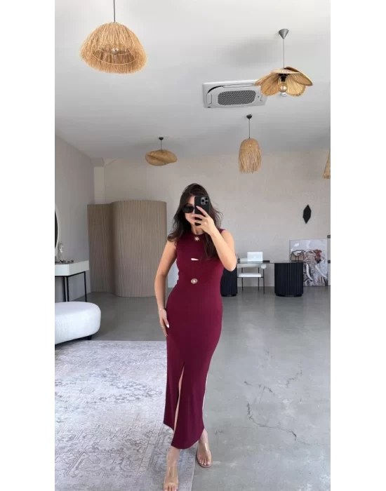 Kadın Bisiklet Yaka Broş Detay Yırtmaçlı Maxi Boy Ottoman Elbise