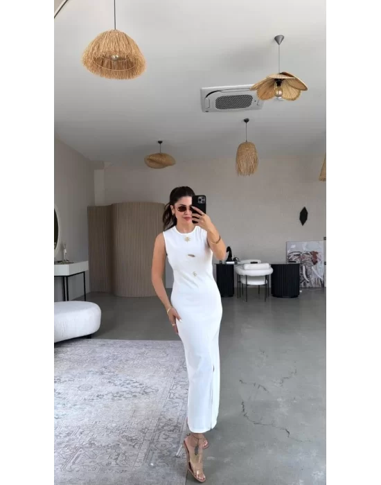 Kadın Bisiklet Yaka Broş Detay Yırtmaçlı Maxi Boy Ottoman Elbise