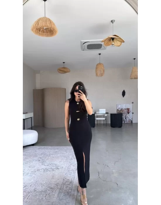 Kadın Bisiklet Yaka Broş Detay Yırtmaçlı Maxi Boy Ottoman Elbise