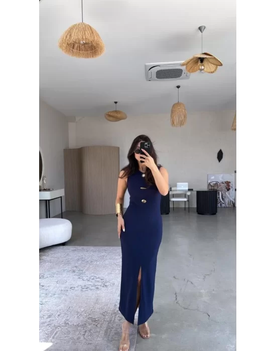 Kadın Bisiklet Yaka Broş Detay Yırtmaçlı Maxi Boy Ottoman Elbise