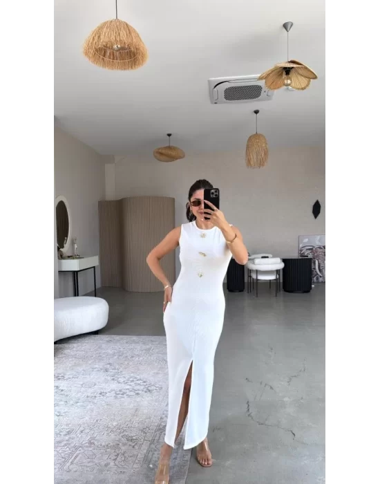 Kadın Bisiklet Yaka Broş Detay Yırtmaçlı Maxi Boy Ottoman Elbise