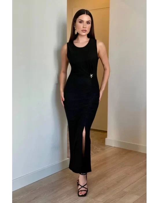 Kadın Bisiklet Yaka Büzgü Ve Broş Detay Yırtmaçlı Maxi Boy Elbise