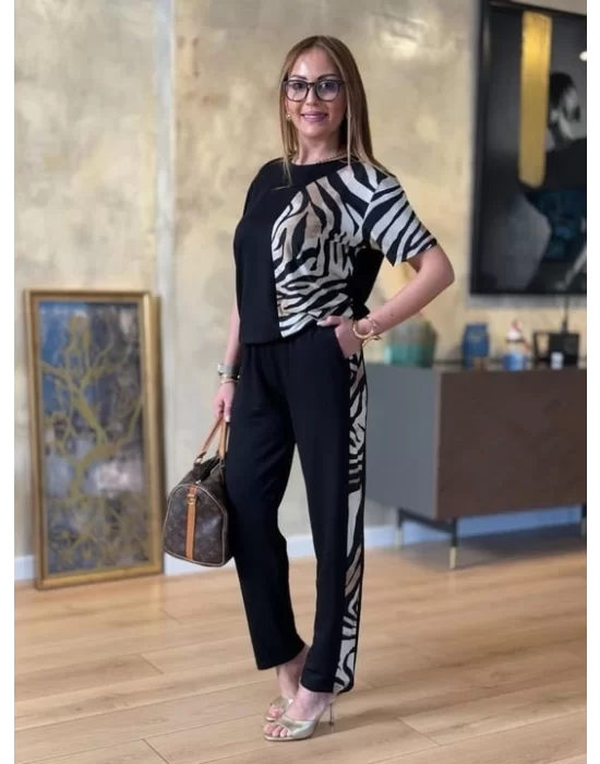 Kadın Bisiklet Yaka Kısa Kol Leopar Desen Bluz Ve Pantolon Ikili Takım
