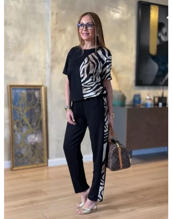Kadın Bisiklet Yaka Kısa Kol Leopar Desen Bluz Ve Pantolon Ikili Takım