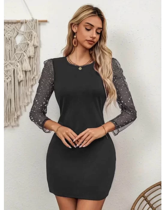 Kadın Bisiklet Yaka Kol Tül Detay Dalgıç Mini Boy Elbise