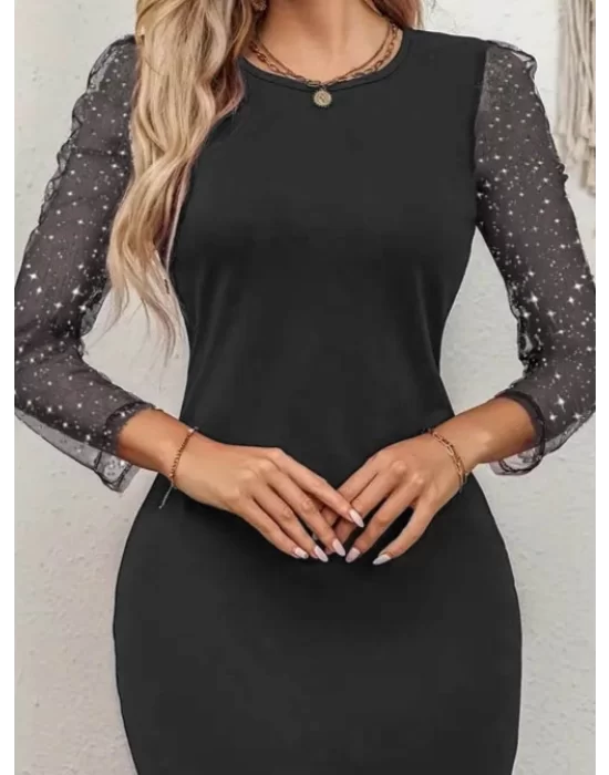 Kadın Bisiklet Yaka Kol Tül Detay Dalgıç Mini Boy Elbise
