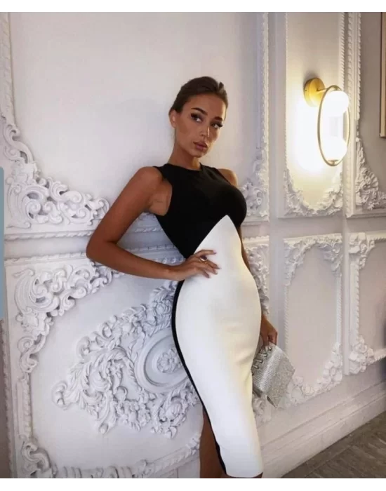 Kadın Bisiklet Yaka Kolsuz çift Renk Detay Midi Boy Elbise