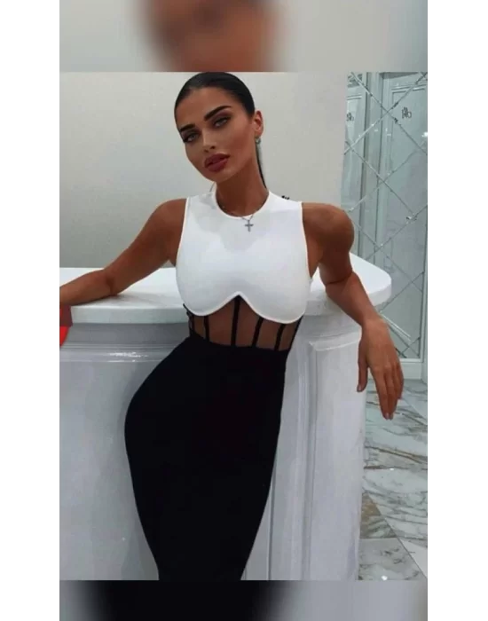 Kadın Bisiklet Yaka Kolsuz çift Renk Ve Bel Transparan Korse Detay Midi Boy Elbise