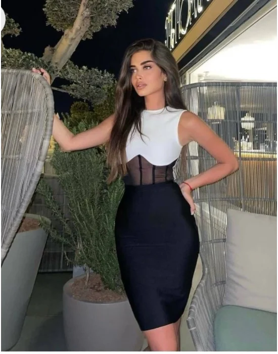 Kadın Bisiklet Yaka Kolsuz çift Renk Ve Bel Transparan Korse Detay Midi Boy Elbise