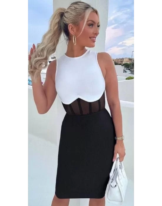 Kadın Bisiklet Yaka Kolsuz çift Renk Ve Bel Transparan Korse Detay Midi Boy Elbise