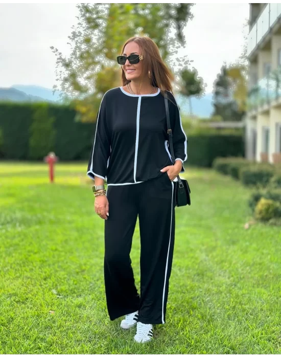 Kadın Bisiklet Yaka Truvakar Kol Biye Detay Bluz Ve Yüksek Bel Lastikli Pantolon Ikili Takım