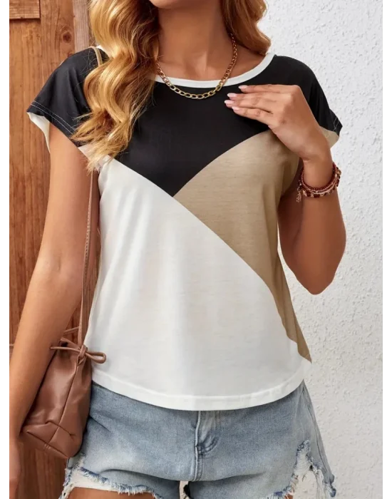 Kadın Bisiklet Yaka üç Renk Viskon T-shirt