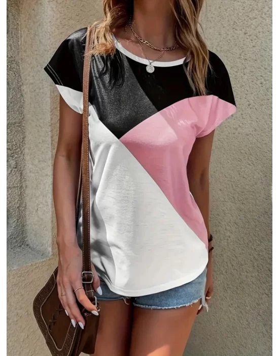 Kadın Bisiklet Yaka üç Renk Viskon T-shirt