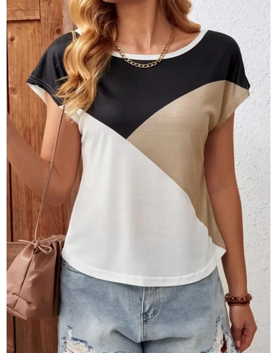Kadın Bisiklet Yaka üç Renk Viskon T-shirt