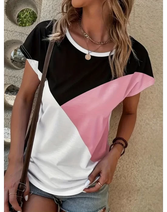 Kadın Bisiklet Yaka üç Renk Viskon T-shirt