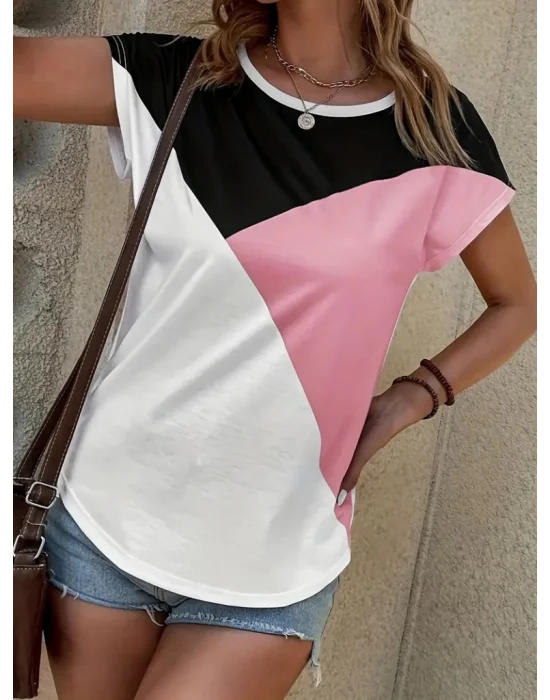 Kadın Bisiklet Yaka üç Renk Viskon T-shirt