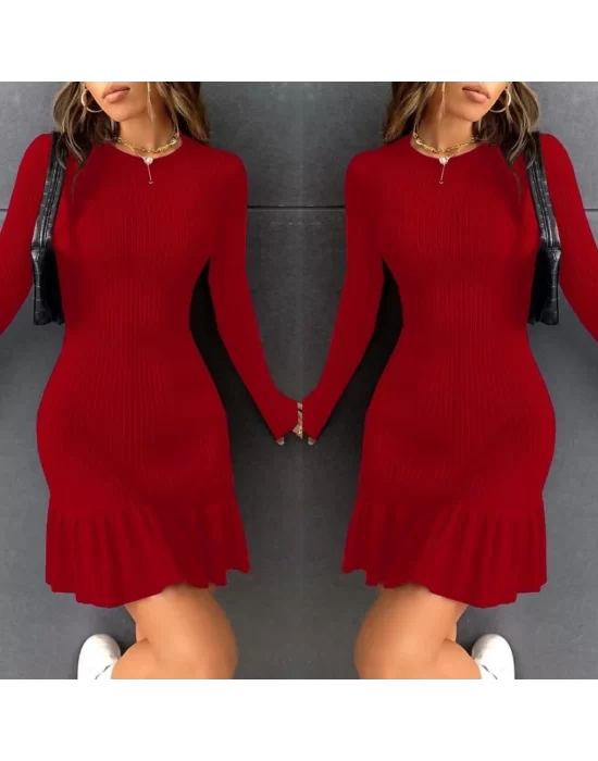 Kadın Bisiklet Yaka Uzun Kol Etek Ucu Fırfırlı Triko Mini Boy Elbise
