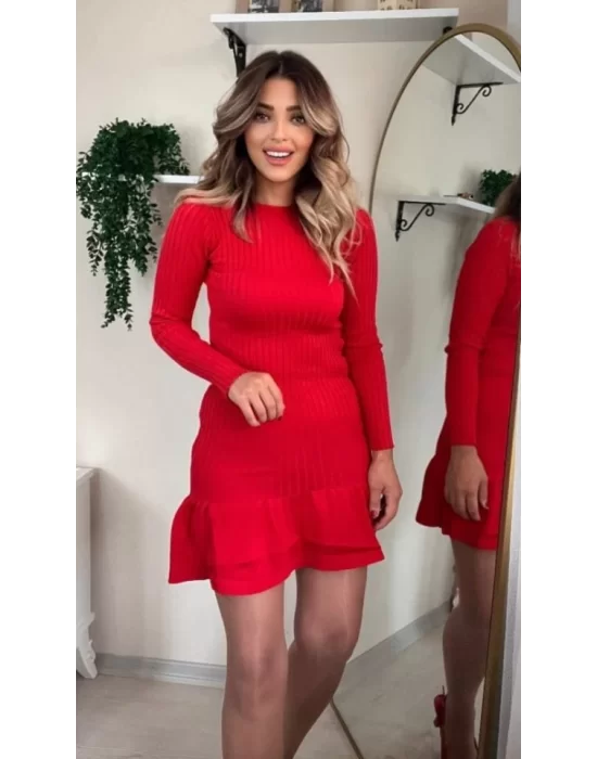 Kadın Bisiklet Yaka Uzun Kol Etek Ucu Fırfırlı Triko (polyenit) Mini Boy Elbise