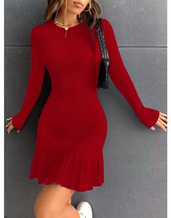 Kadın Bisiklet Yaka Uzun Kol Etek Ucu Fırfırlı Triko (polyenit) Yılbaşı özel Mini Boy Elbise