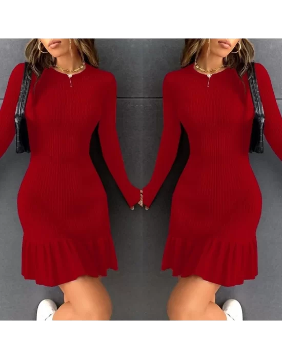 Kadın Bisiklet Yaka Uzun Kol Etek Ucu Fırfırlı Triko (polyenit) Yılbaşı özel Mini Boy Elbise